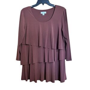 Susan Graver Top Womens Medium Brown Tiered Layered Liquid Knit Stretch Blouse